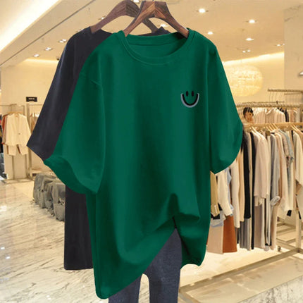 Women Clothing Pure Cotton Smiling Printing Basic T-shirt Summer Fashion Casual O-neck Short Sleeve Top Tee Oversized Pullovers