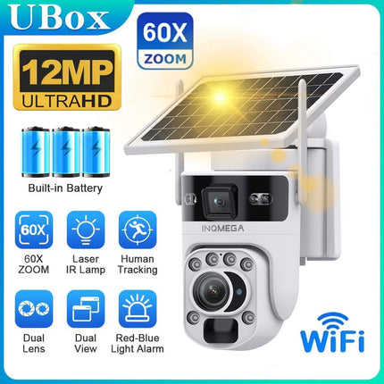 INQMEGA 12MP 60X Optics Zoom Dual Screen 4G /WIFI Solar Camera Securty Outdoor  PIR Human Detection Color Night Vision UBOX APP