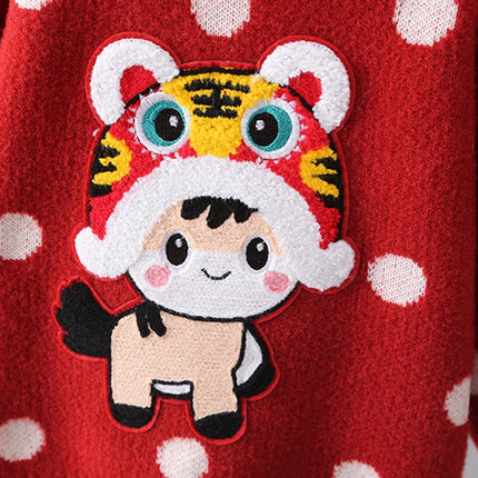 Chinese Style Element New Year Red Sweaters for Kids Girl Princess Festive Children Knitting Outertwear Flocking Clothes IY12192