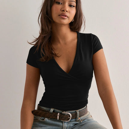 2025 Summer New Fashion Women's T-Shirt Solid-Color Slim-Fit V-Neck Short-Sleeve Top Y2k Clothing