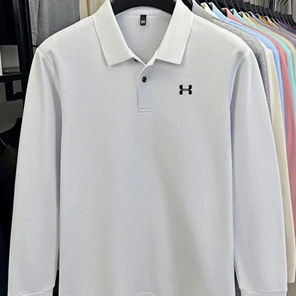 Men's high-end long-sleeved polo shirt, branded, printed top, spring, 100% cotton, comfortable, breathable sports and leisure T-shirt