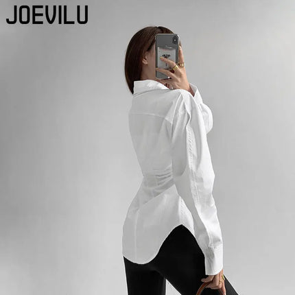 JOEVILU White Shirt Women’s Waist-defining Blouse Slim Fit Long Sleeve Tops Figure-hugging Office Shirts Korean Style Clothes