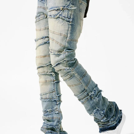 New Stacked Jeans Men Patchworks Spliced Denim Ripped Wash Frayed Pants Male's Streetwear