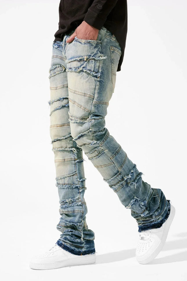 New Stacked Jeans Men Patchworks Spliced Denim Ripped Wash Frayed Pants Male's Streetwear