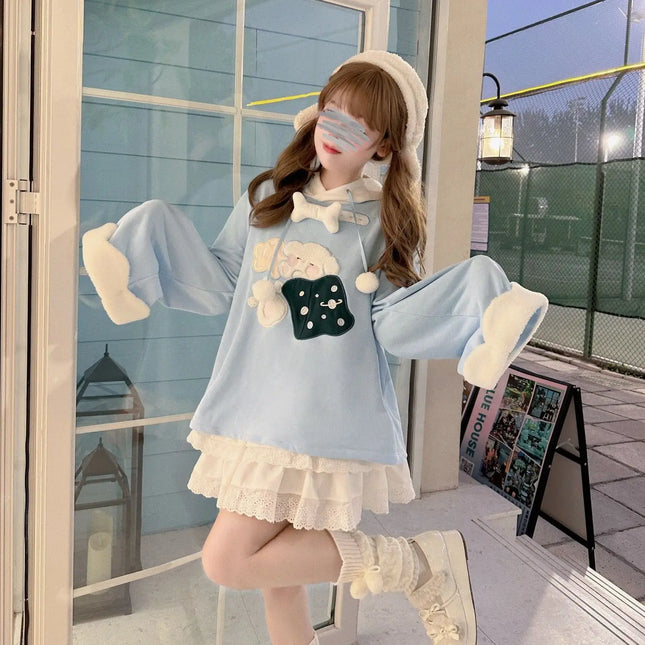 Japanese Girl Cream Spliced Cute Ear Hoodie with Puppy Embroidery Hooded Loose Top Jacket
