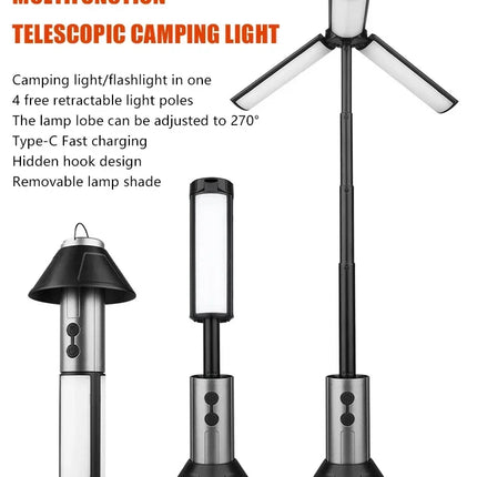 Multi-functional Camping Light 2 in 1 Rechargeable Telescopic Camping Lantern Flashlight with Hook Outdoor Emergency Work Light