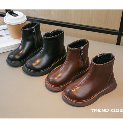 Children Fashion Boots Simple Girls Ankle Boot Black Kids Short Leather Boots Side Zipper Thick Bottom Autumn Winter 2024 New