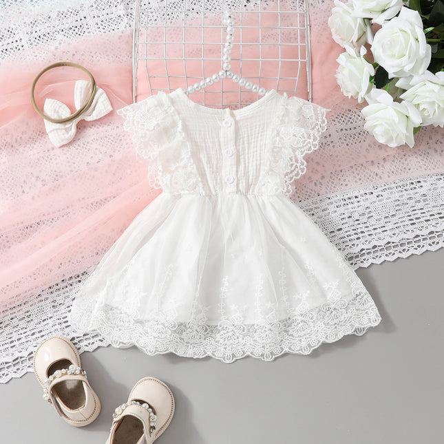 Infant Baby Girl Cotton Linen Baptism Dress with Headband Summer Birthday Party Short Sleeve Lace Flower Embroidery A-Line Dress