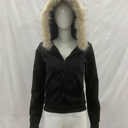 Y2K Harajuku Gothic Women's Hoodie Sexy Slim Chic Suede Fur Collar Letter Print Cardigan Sweatshirt  Female Streetwear