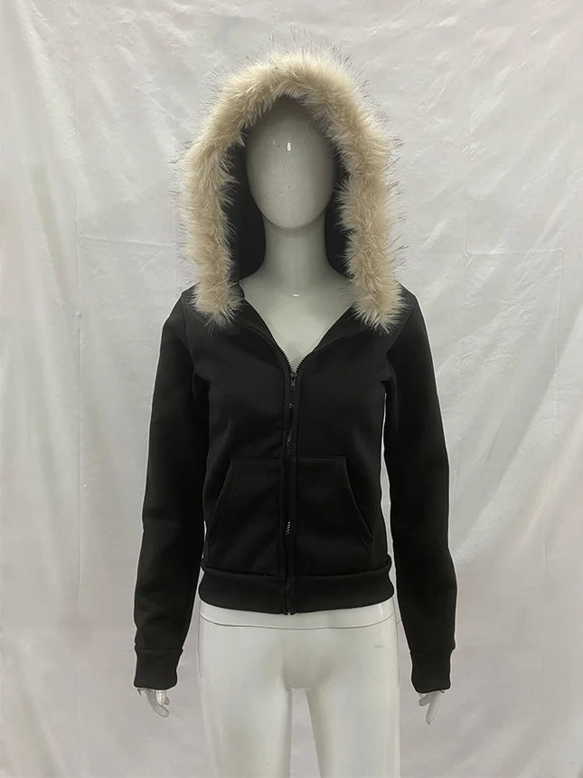 Y2K Harajuku Gothic Women's Hoodie Sexy Slim Chic Suede Fur Collar Letter Print Cardigan Sweatshirt  Female Streetwear
