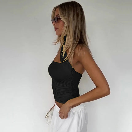 Hugcitar Women Elegant Halter Scarf Strapless Ruched Solid Sexy Slim Crop Tank Top 2025 Summer Casual Clothes Streetwear Party