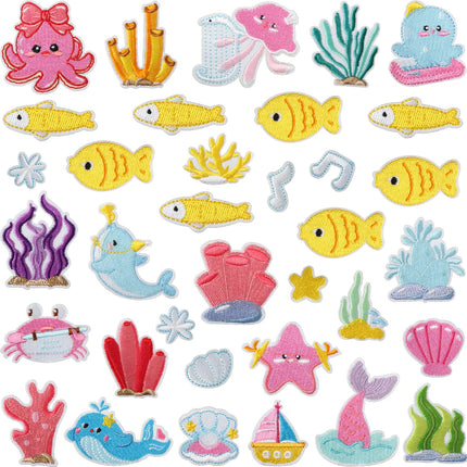 10PCS Bulk Small Fish Jellyfish Coral Embroidery Patches Cute Octopus Shell Seaweed Sticker For Ocean Bag Decoration Wholesale