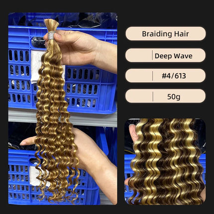 Human Braiding Hair for Boho Braids 50g/Pack Highlight Deep Wave Bulk Human Hair 4/27 Ombre Knotless Braiding Hair Extensions