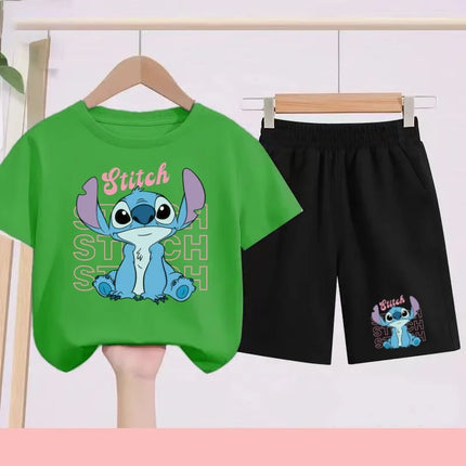 Kids Disney Stitch Print Summer Cute Breathable Tees + Shorts 2pcs 3-12 Years Boy Girls Round-neck Set Children Leisure Clothing
