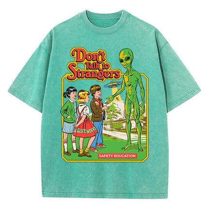 Cartoon Alien Classic Communication Print Women T-shirt Breathable Cotton Short Sleeve Washed Vintage Worn Out Female T Shirts