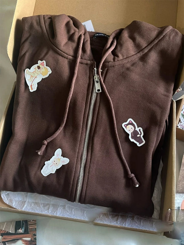Pink Sweet Oversized Hoodie Autumn Long Sleeve Hooded Zip-up Cotton Sweatshirt Casual Simple Preppy Style Cute Hoodies Top Woman