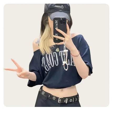 Women's American-Style Short-Sleeved T-Shirt, Summer Design, Finterest Slimming, Loose, Retro Off-Shoulder Top