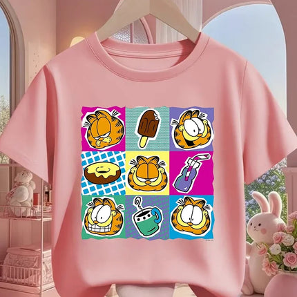 Garfield Cartoon Crew Neck T Shirt Children Boys Girls Summer Cute Kawaii Fashion Street Casual Tops 3-14 Years