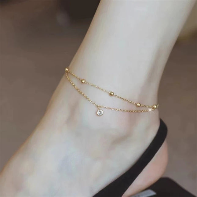 Kuziduocai 100% Stainless Steel New Fashion Jewelry 18K Gold-plated Minimalism 2-Layer Beading Zircon Charm Women Anklet Chain