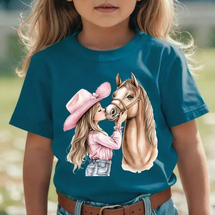 Girl Clothes Cute Girl Kisses Horse Print Summer Short Sleeve Casual Loose Kids Tops Outdoor Girls T-Shirt Children's Clothing