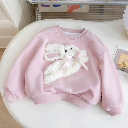 Girls Long Sleeved Sportswear 3-10 Years Old Children Cartoon 3D Plush Rabbit Hoodie Autumn Little Girl Cute Round Neck Top