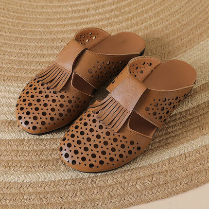 New Women's Breathable Perforated Leather Mules Vintage Tassel Slip on Flats Woman Casual Summer Shoes Hollow Slippers Outdoor