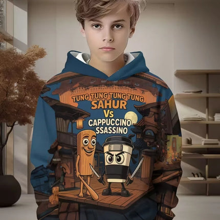 Funny Cappuccino Assassino Hoodies Boys Girls Funny Italian Brainrot Print Hoodie Long Sleeve Hooded Tops Kids Humor Sweatshirts