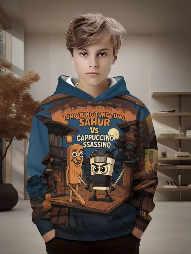 Funny Cappuccino Assassino Hoodies Boys Girls Funny Italian Brainrot Print Hoodie Long Sleeve Hooded Tops Kids Humor Sweatshirts