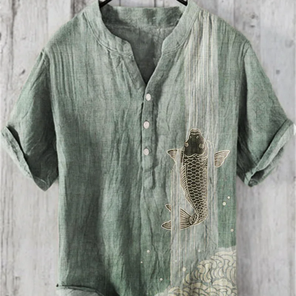 Fashion men's V-neck shirt T-shirt Hawaiian men's printed linen short-sleeved button-down shirt seaside holiday casual shirt