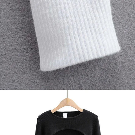 Women's Long Sleeve Crop Top T-shirts Spring Autumn Y2k Aesthetic Clothes O-neck Black White Sexy Harajuku Knitted Tshirt 2023