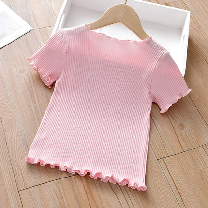 Girls' Embroidered Short Sleeve T-Shirt Ice Silk Summer Top with Ruffle Trim Stretchy Soft for Toddler Baby 1-6 Years