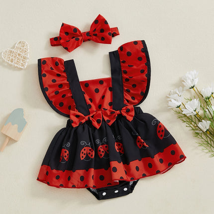 FOCUSNORM 0-18M Lovely Baby Girls Rompers Dress 4 Colors Bee/Ladybug/Cow/Elephant Print Fly Sleeve Jumpsuits with Headband