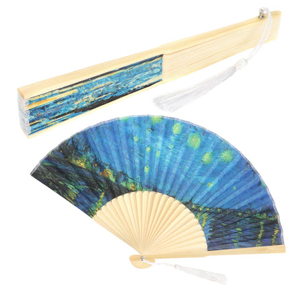 2pcs Folding Fan Bamboo Handheld Fans Handwork Gift Party Dancing Decoration Starry Night