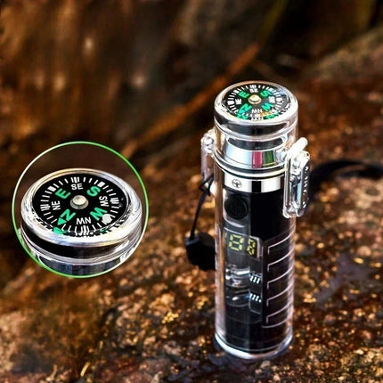 Waterproof Outdoor Camping Compass Dual Arc Type-C Plasma USB Electric Lighter Multi-Function Flashlight Survival Ignition Tool