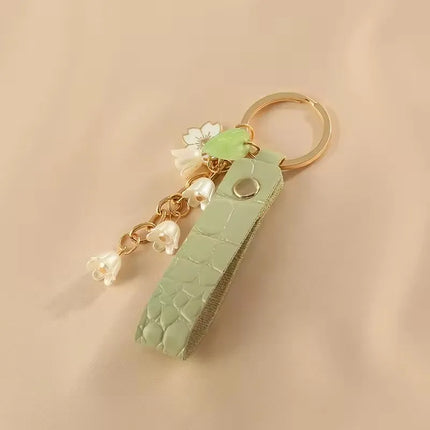 2pcs Lily of The Valley Flower Leather Keychain for Women Korea Fashion Sweet Key Chains Green FairyCore Accessories