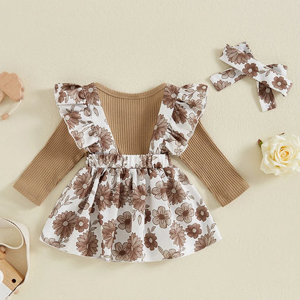 Pudcoco Baby Girls Spring Outfits Short Sleeve Ribbed Romper Suspender Skirt Headband Set Newborn 3 Piece Clothes 0-18M
