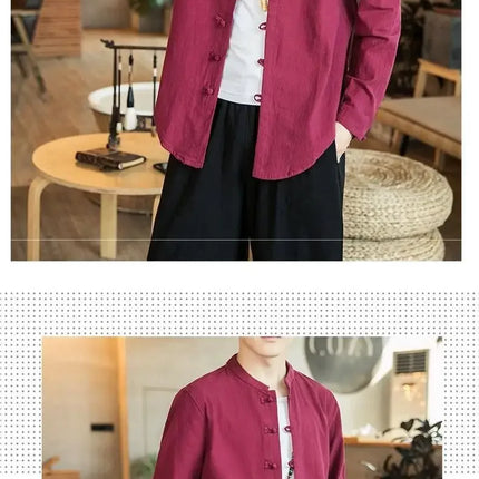 Versatile Loose-fit Long Sleeve Shirt Men's Casual Chinese Style Tang Suit Jacket Summer Lightweight Linen Top