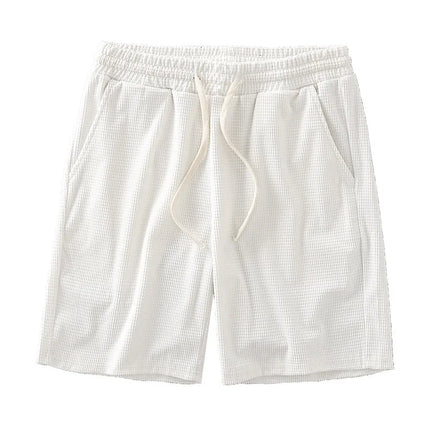 Men Shorts Solid Color Mid Waist Summer Motion Waffle Texture Deep Crotch Drawstring Male Shorts Loose Knee Length Casual Short
