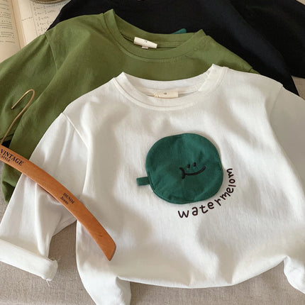 Autumn style children's clothing, Japanese style t-shirt, long sleeved, boys' and girls' three-dimensional patch fabric, fruit b