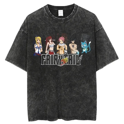 FAIRY TAIL Anime Manga Peripherals T-shirt Natsu Lucy Happy Gray Graphic Print Washed Vintage Short Sleeve Men Women Cotton Tee