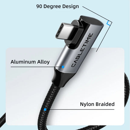 CABLETIME USB C to USB C Cable USB 3.2 Gen 2 20Gbps 90 Degree PD 100W 4K 60Hz Video Fast Charging for iPhone 16 Macbook Pro iPad