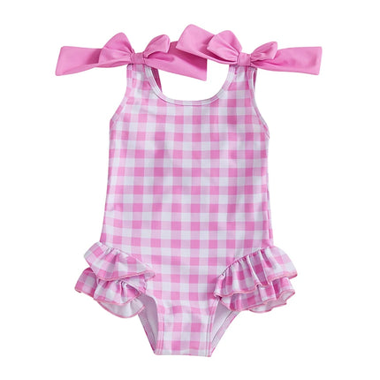 Toddler Baby Girls Swimsuit Romper Plaid Ruffles Two Bowknot Decor Beachwear Sleeveless Summer Beach Bathing Suit