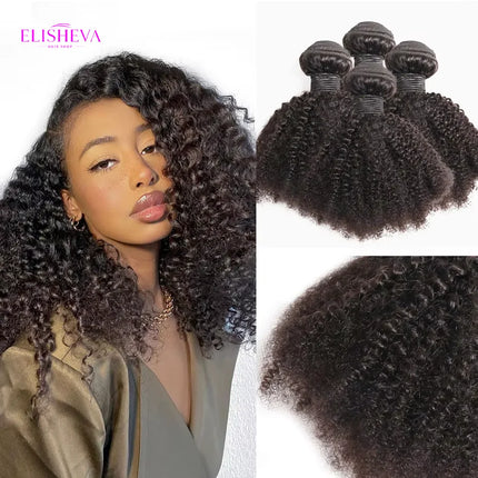 ELISHEVA Raw Indian  Human Hair Weave Bundles 1/3/4 Bundle Deal Afro Kinky Curly Bundles Natural /Jet Black Remy Wavy Extensions