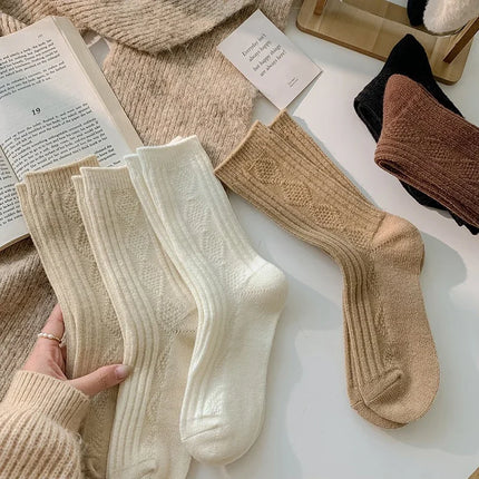 New Cashmere Wool Socks Women's Winter Thicken Warm Black White Pack Set Thermal Japanese Fashion Solid Color