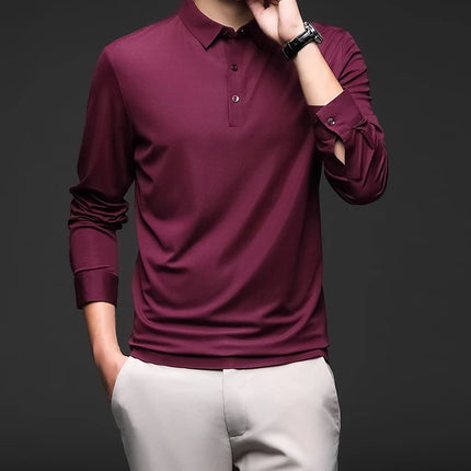 Minglu Mulberry Silk Men's Polo Shirts Luxury Long Sleeve Solid Color Golf Male T-shirts Spring Autumn Business Casual Man Tees