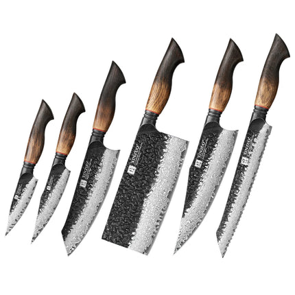 XINZUO 1-6-Piece Damascus Knife Set 67-Layer Steel White Oak Red G10 Handles Paring Utility Cleaver Santoku Bread Knife