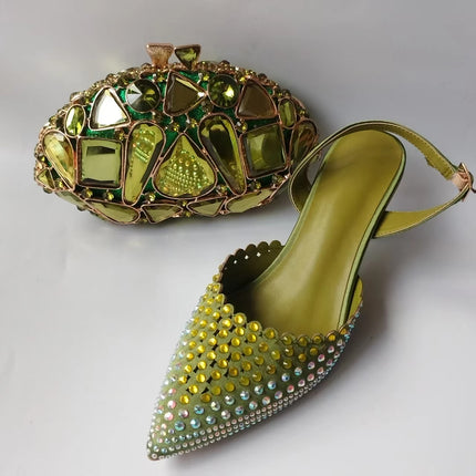 INSIGHTLINK Luxury Olive Green Rhinestones Women's Shoe and Bag Set for Party Wedding Crystals Heeled Pumps and Handbag Sandals