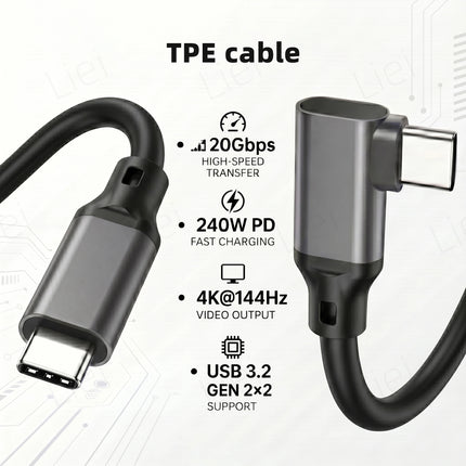 20Gbps 5K/4K Monitor Display Cable L-shaped USB Type C Data Cable Right Angle 90° USB3.2 Gen2x2 Data Transfer 240W PD Charging