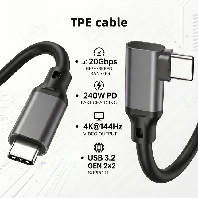20Gbps 5K/4K Monitor Display Cable L-shaped USB Type C Data Cable Right Angle 90° USB3.2 Gen2x2 Data Transfer 240W PD Charging