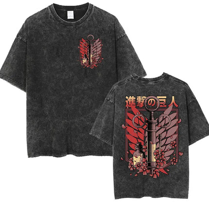 Anime Attack on Titan Vintage Washed Print T-shirt Mikasa Ackerman Eren Jaeger Wings of Freedom Logo Men's Summer Cotton T-shirts